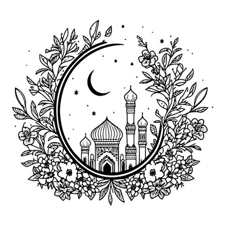 A hand-drawn doodle featuring floral ornaments, a mosque, and a crescent, perfect for Ramadan Kareem.のイラスト素材