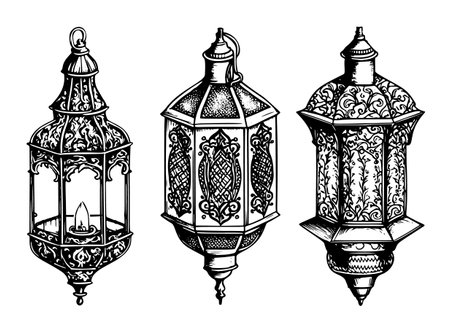 Hand-drawn sketch of Arabic lantern lamps with Arab ornaments.のイラスト素材