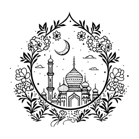 A hand-drawn doodle featuring floral ornaments, a mosque, and a crescent, perfect for Ramadan Kareem.のイラスト素材