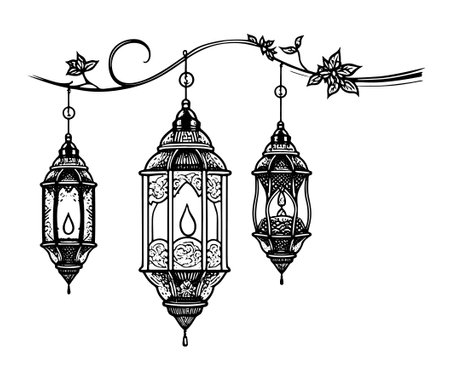 A collection of vintage-style engravings showcasing hanging Ramadan lights and lantern lamps.のイラスト素材