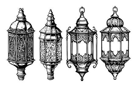 Hand-drawn sketch of Arabic lantern lamps with Arab ornaments.のイラスト素材