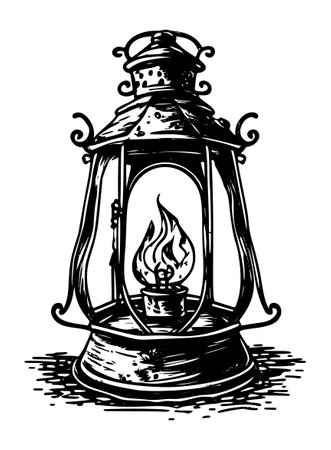 Hand-drawn lantern with a burning candle on a white background in isolation.のイラスト素材