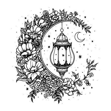 A vintage-style engraving set of sketches featuring a crescent floral ornament and a lantern.のイラスト素材