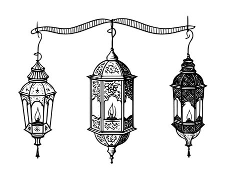 A collection of vintage-style engravings showcasing hanging Ramadan lights and lantern lamps.のイラスト素材