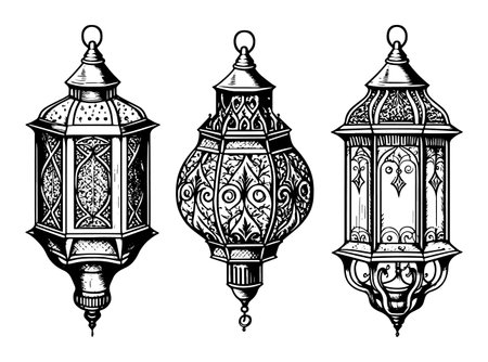 Hand-drawn sketch of Arabic lantern lamps with Arab ornaments.のイラスト素材