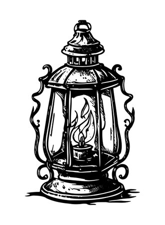 Hand-drawn lantern with a burning candle on a white background in isolation.のイラスト素材