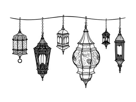 A collection of vintage-style engravings showcasing hanging Ramadan lights and lantern lamps.のイラスト素材