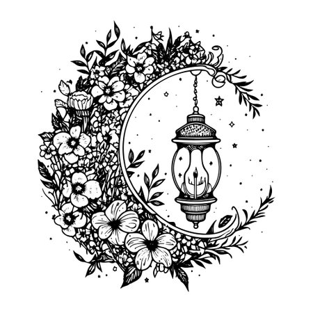 A vintage-style engraving set of sketches featuring a crescent floral ornament and a lantern.のイラスト素材