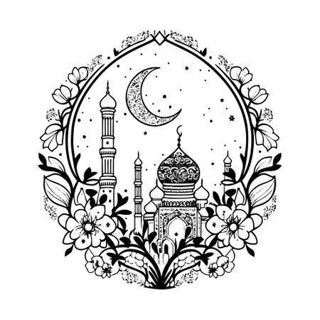 A hand-drawn doodle featuring floral ornaments, a mosque, and a crescent, perfect for Ramadan Kareem.のイラスト素材