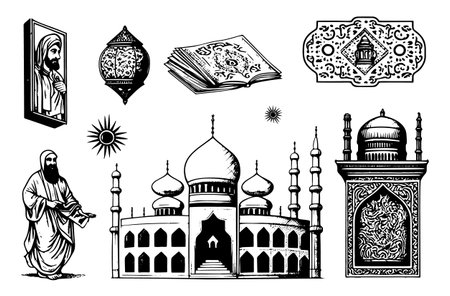 A set of vintage engraving style sketches depicting the Islamic concept, religious traditions, and Muslim culture.のイラスト素材