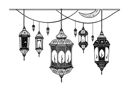 A collection of vintage-style engravings showcasing hanging Ramadan lights and lantern lamps.のイラスト素材