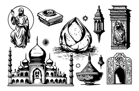 A set of vintage engraving style sketches depicting the Islamic concept, religious traditions, and Muslim culture.のイラスト素材