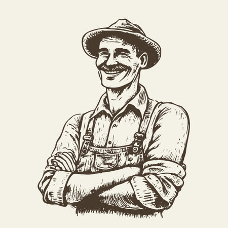 A vintage-style hand-drawn vector illustration sketch of a happy farmer engaged in farming and agriculture activities.のイラスト素材