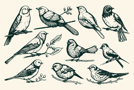 Hand-drawn vector illustrations of various birds.のイラスト素材
