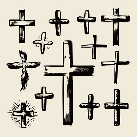 A collection of hand-drawn vector illustration sketches depicting various Christian crosses, including symbols commonly associated with Easter and Christianity.のイラスト素材