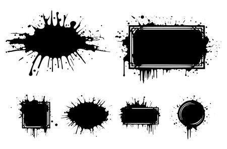 A vector set of black grunge design elements, including dirty and artistic elements such as boxes, frames for text, and black splashes isolated on a white background.のイラスト素材
