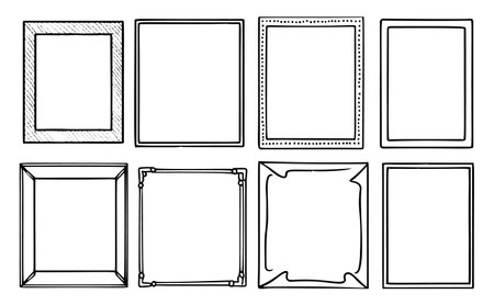Hand-drawn frames. Vector illustrations of empty photo borders with scribble design.のイラスト素材