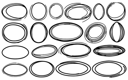 A set of hand-drawn ovals or highlight circles with a line art style.のイラスト素材