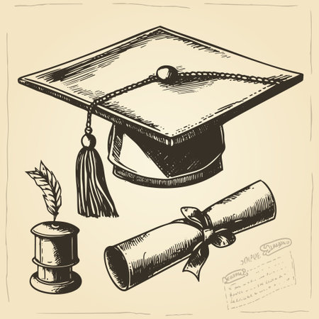 A vintage-style set of hand-drawn vector illustrations depicting a graduate cap and diploma, with a realistic sketch style, suitable for educational purposes.のイラスト素材