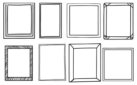 Hand-drawn frames. Vector illustrations of empty photo borders with scribble design.のイラスト素材