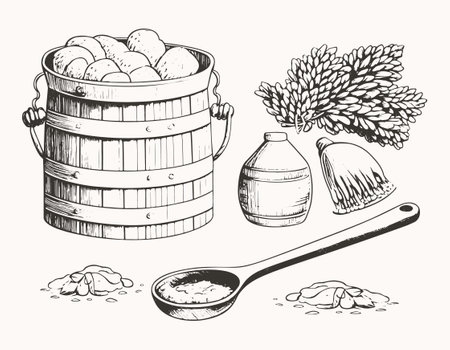 A realistic hand-drawn vector illustration sketch of bath accessories used in a Russian sauna, including water, steam, and a broom for spreading steam.のイラスト素材