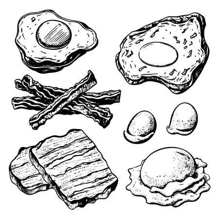 A set of breakfast ingredients, including toasted bread slices, fried eggs, and bacon, depicted in a hand-drawn sketch style. This illustration is ideal for use in menu designs and packaging.のイラスト素材