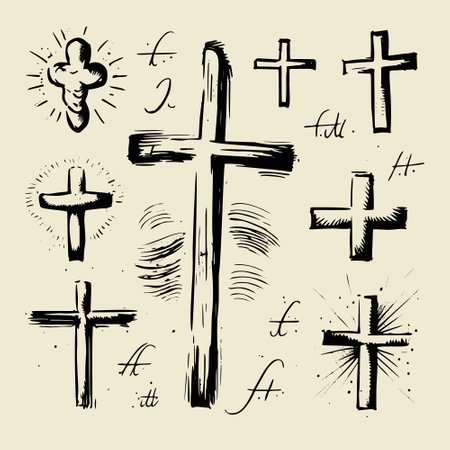 A collection of hand-drawn vector illustration sketches depicting various Christian crosses, including symbols commonly associated with Easter and Christianity.のイラスト素材