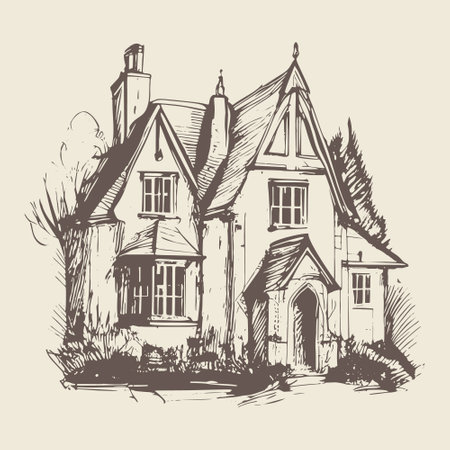 A hand-drawn vector illustration sketch of an old English house or manor, depicting the traditional European architecture of the 19th century. The sketch is presented on a light background.のイラスト素材