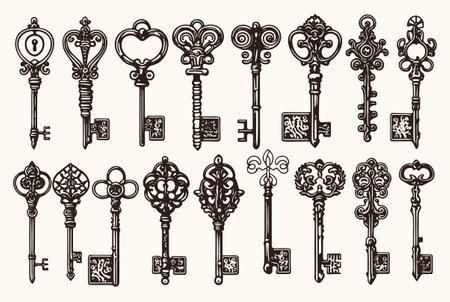 A hand-drawn vector illustration of a big set of retro keys, depicted in a vintage style. The collection includes ornamental medieval keys, designed with a realistic old-fashioned aesthetic, ideal for antiques decoration.のイラスト素材