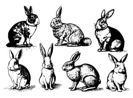 Vintage set of bunny illustrations in a retro vector style.のイラスト素材