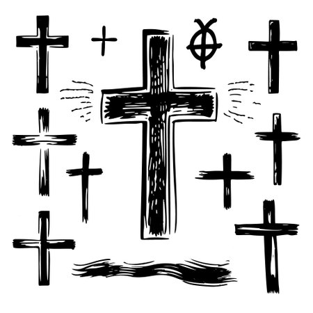 A collection of hand-drawn vector illustration sketches depicting various Christian crosses, including symbols commonly associated with Easter and Christianity.のイラスト素材