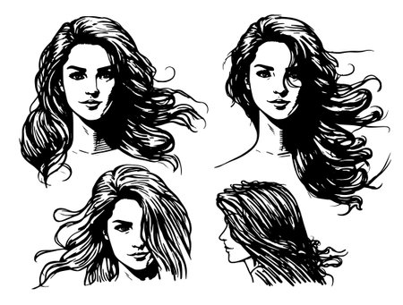 A set of hand-drawn vector illustration sketches depicting beautiful women, including their faces and hair.のイラスト素材