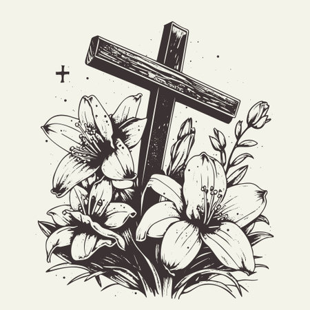 A hand-drawn vector illustration sketch depicting the symbols of Easter, including a cross and blooming lilies, which represent Christianity and its message of hope and renewal.のイラスト素材