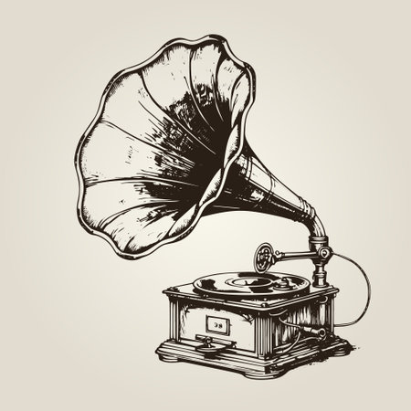 A vintage-style hand-drawn vector illustration sketch of a gramophone, a classic device used to play music in the early 20th centuryのイラスト素材