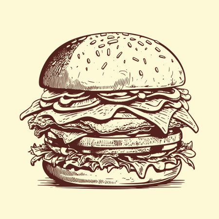Hand-drawn vector illustration of a big hamburger, done in a retro sketch style.のイラスト素材