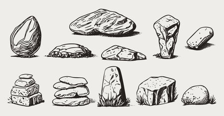 Monochrome vector set of various stones, rocks, gravel, and pebbles. The collection includes natural engraved templates of rocky slate lumps, all drawn in a retro style.のイラスト素材