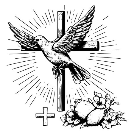 A hand-drawn vector illustration sketch depicting the symbols of Easter, including a cross and a dove, which represent Christianity and its message of hope and renewal.のイラスト素材