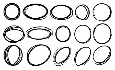 A set of hand-drawn ovals or highlight circles with a line art style.のイラスト素材