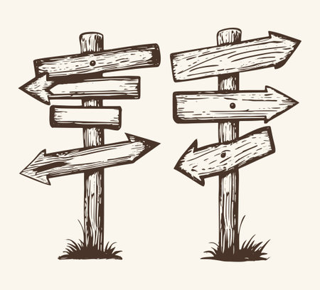 vector illustration of wooden road signs hand-drawn in different directions, pointing both ways. The signs are isolated on a white background and feature a rustic style.のイラスト素材