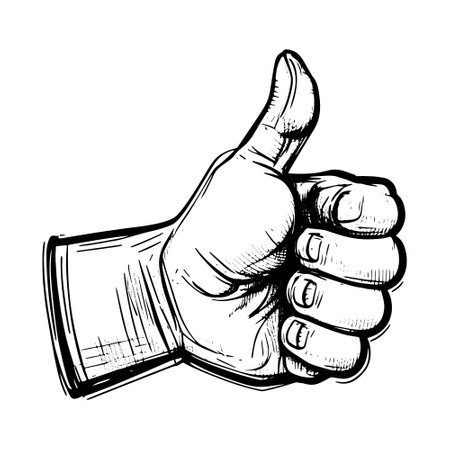 A realistic hand-drawn vector illustration sketch of a thumbs-up sign icon, representing - likeのイラスト素材
