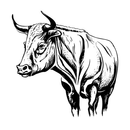 A hand-drawn vector illustration sketch of a bull, a domestic farm animal.のイラスト素材