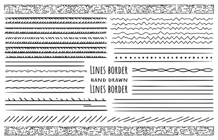 Hand-drawn vector line borders set, including pencil strokes, dividers, and geometric vintage fashion elements.のイラスト素材