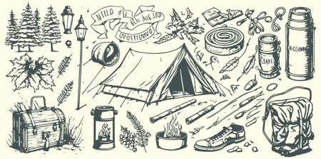 Sketch-style vintage vector illustration set depicting outdoor activities and hiking objects for camping concept.のイラスト素材