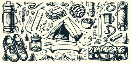 Sketch-style vintage vector illustration set depicting outdoor activities and hiking objects for camping concept.のイラスト素材