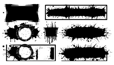 Set of black grunge design elements. Includes boxes, text frames, and black splashes. isolated on a white background.のイラスト素材