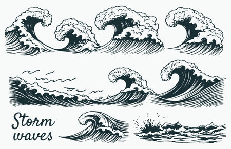 Hand-drawn vector set of ocean waves, including storm waves, tides, and beach waves, in a vintage sketch style.のイラスト素材