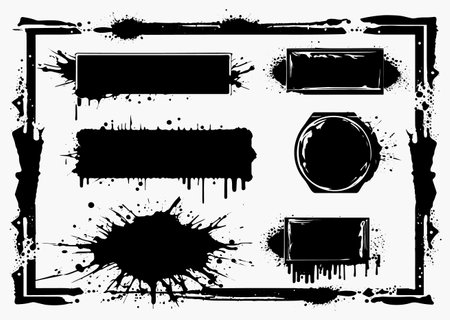 Set of black grunge design elements. Includes boxes, text frames, and black splashes. isolated on a white background.のイラスト素材