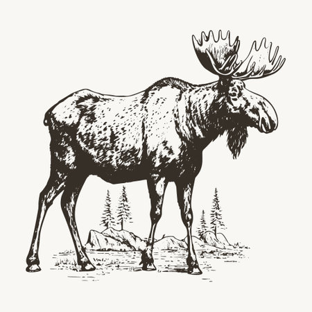 Hand-drawn vector illustration of a moose in engraving style, isolated on a white background. The sketch depicts a majestic wild animal with impressive antlers.のイラスト素材
