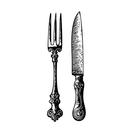 A vintage engraving style sketch of a fork and knife.のイラスト素材