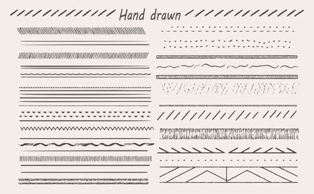 Hand-drawn vector line borders set, including pencil strokes, dividers, and geometric vintage fashion elements.のイラスト素材